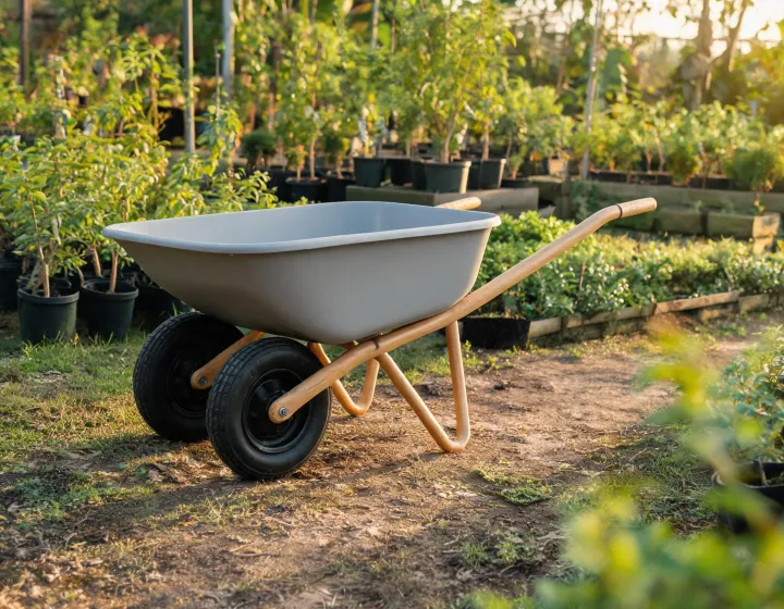 Two wheel wheelbarrow beside nursery beds